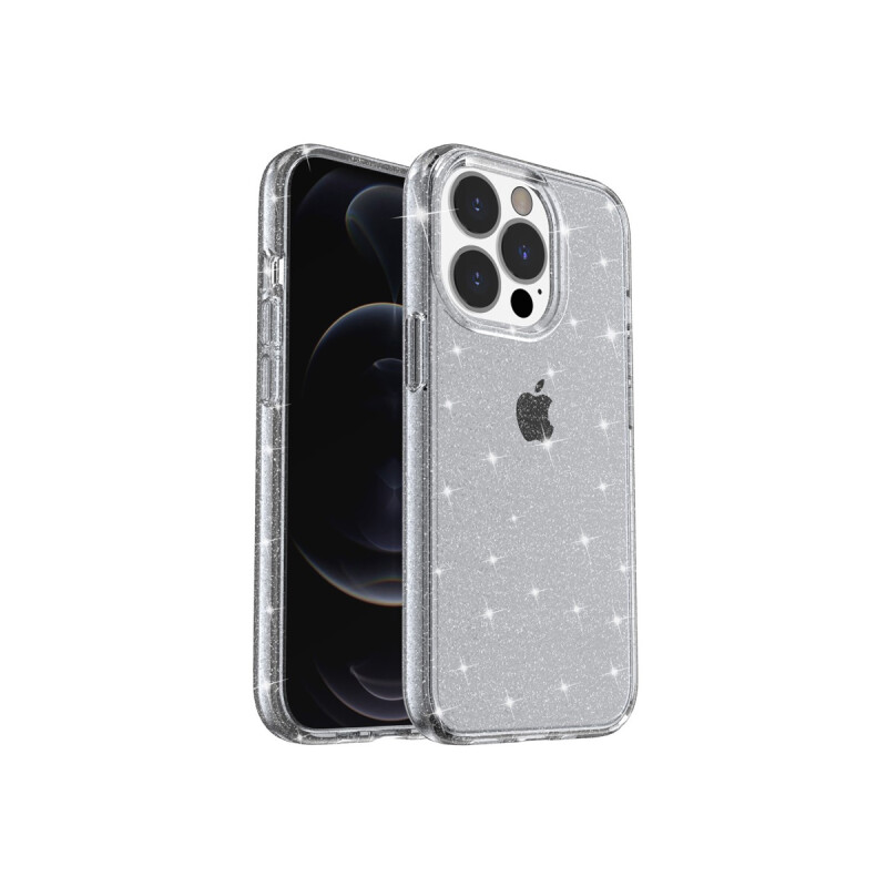 Protector rígido iPhone 14 Pro Max transparente gris con brillos Protector Rígido Iphone 14 Pro Max Transparente Gris Con Brillos
