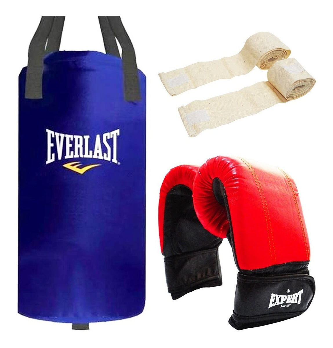 Set Bolsa Boxeo Everlast + Guante Guantillas + Vendas 