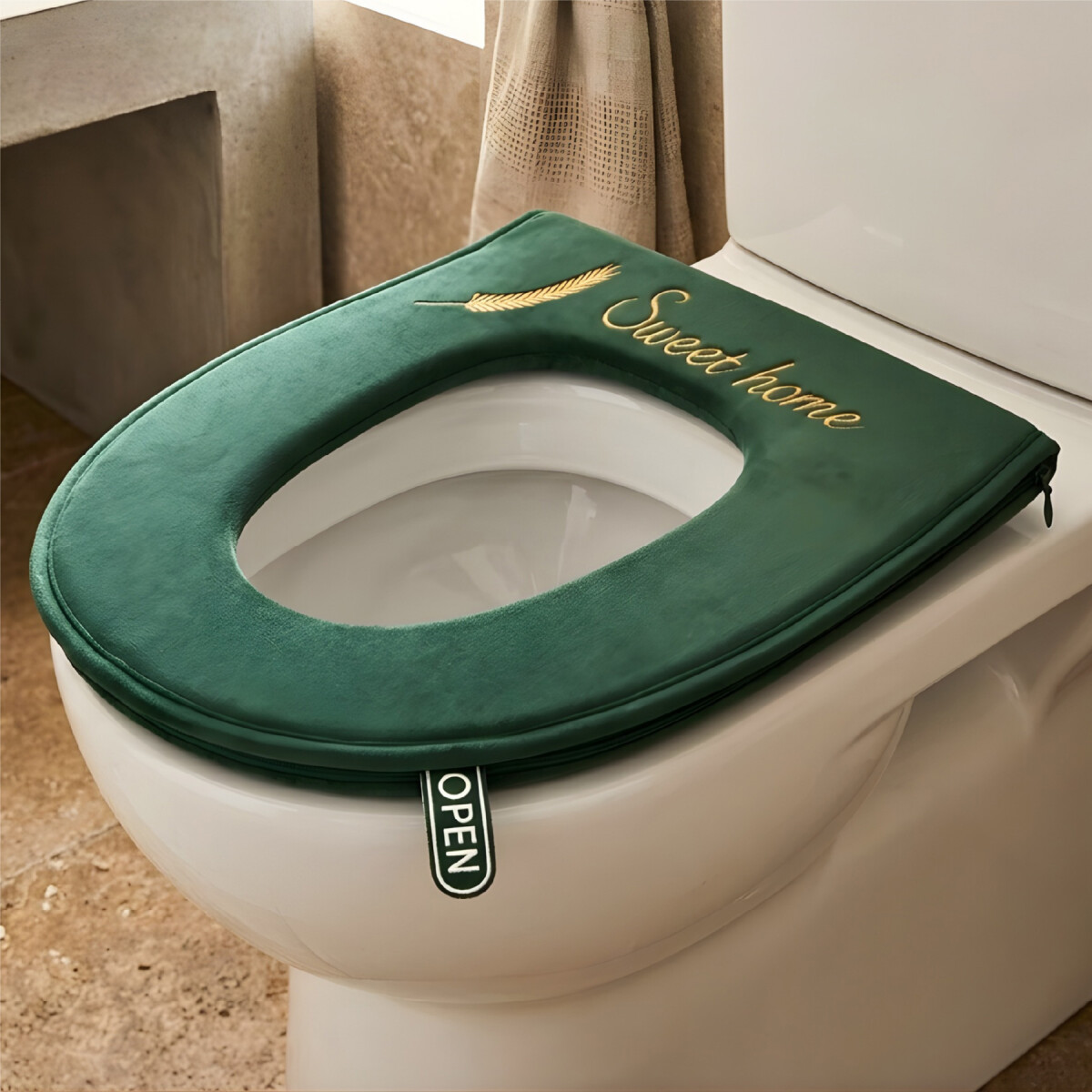 Funda con Cierre Tela Acolchonada para Tapa de Water Inodoro - Color Verde 