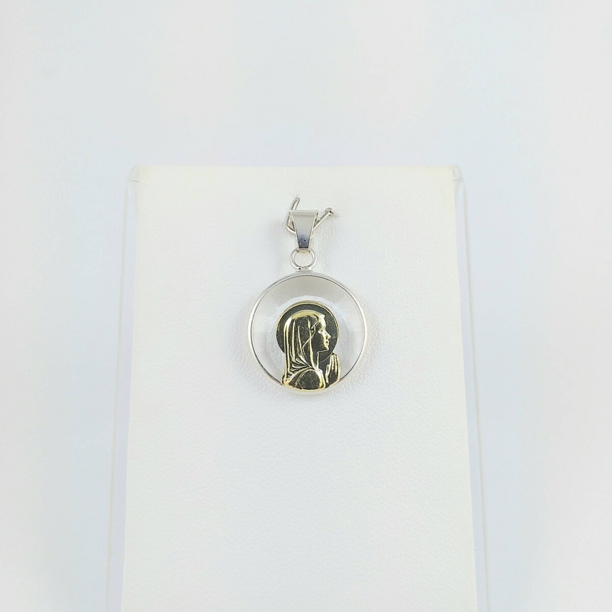 Medalla religiosa de plata 925 Virgen Niña cristal con manto, detalles de double en oro 18Ktes, diámetro 17mm. 