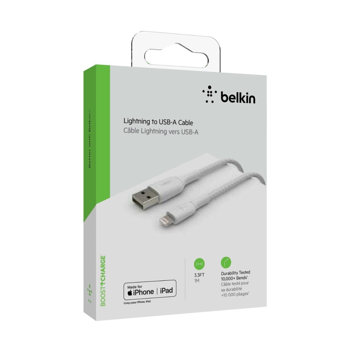 CABLE REFORZADO BELKIN BOOST CHARGE LIGHTNING A USB-A 1 METRO Blanco