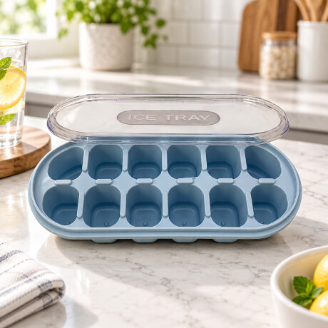Cubetera para Hielo con Tapa y Base de Silicona 12 Cubos Mini Celeste