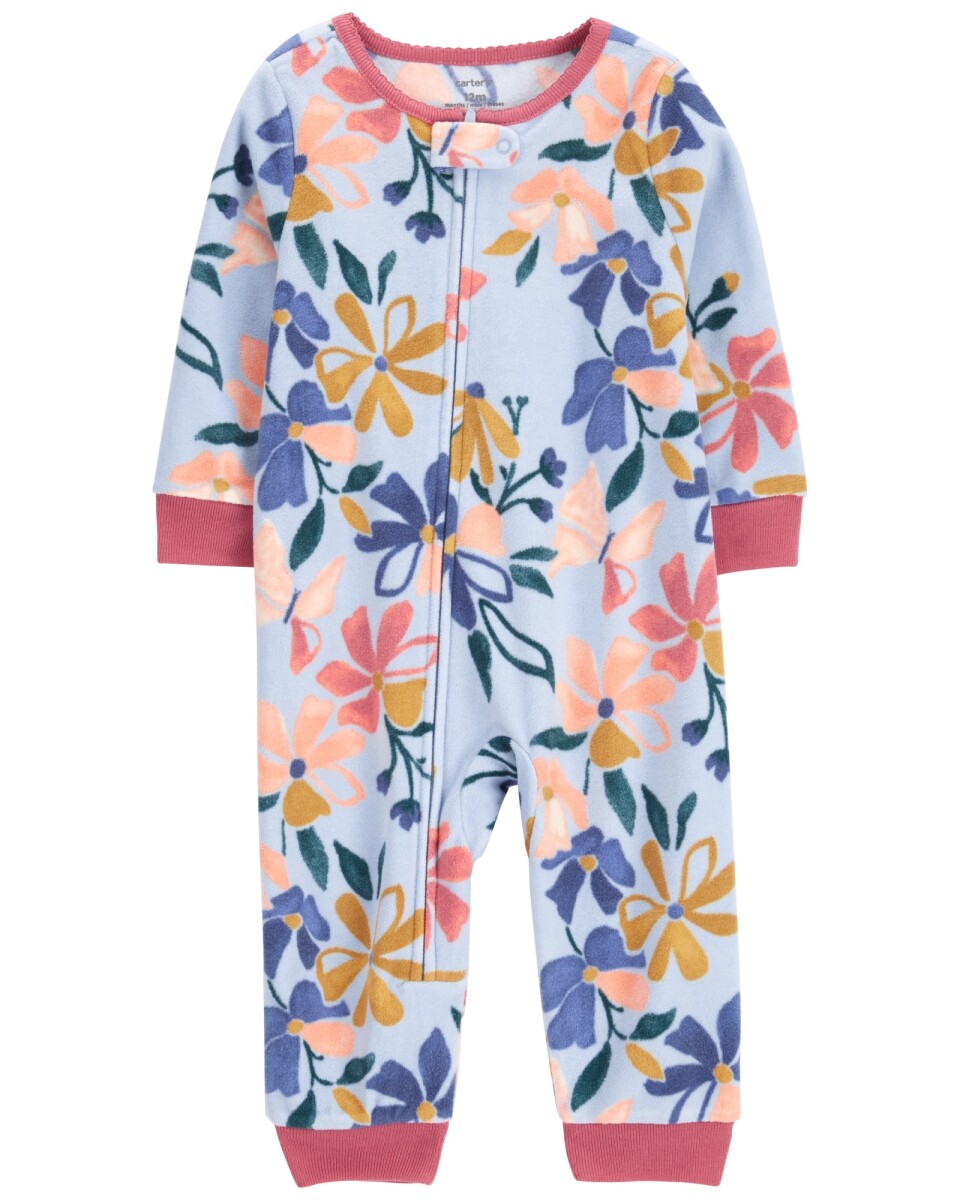 Pijama una pieza de micropolar, celeste, diseño floral. Talles 2-5T 