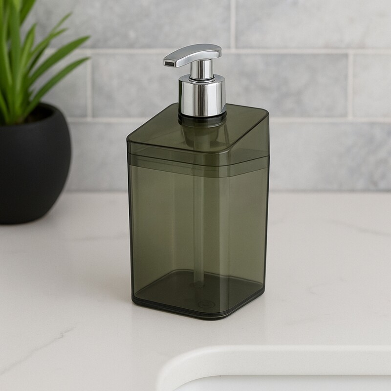 Set Dispensador de jabón 350 ml + Porta jabón NEGRO TRASLÚCIDO