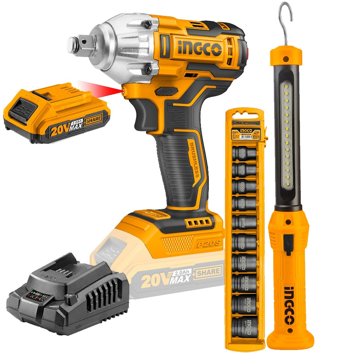 KIT LLAVE DE IMPACTO 20V + LINTERNA RECARGABLE + DADOS IMPACTO COSLI23011 INGCO 