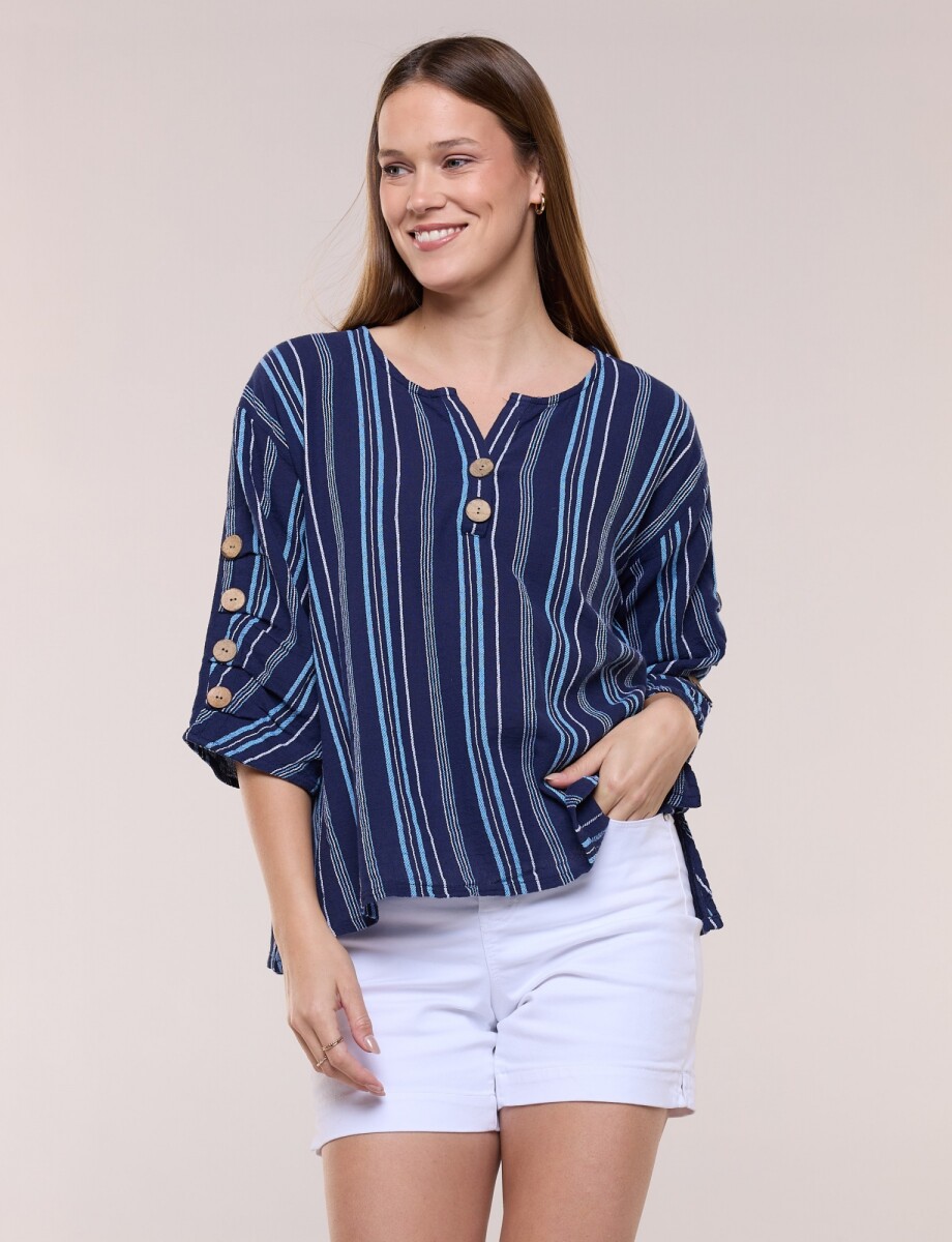 Blusa Algodón Botones - Azul/multi 