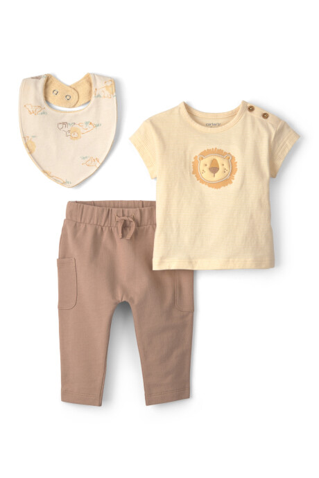 Set tres piezas de algodón, pantalón, remera y babero, marrón y amarillo, diseño leones Set tres piezas de algodón, pantalón, remera y babero, marrón y amarillo, diseño leones