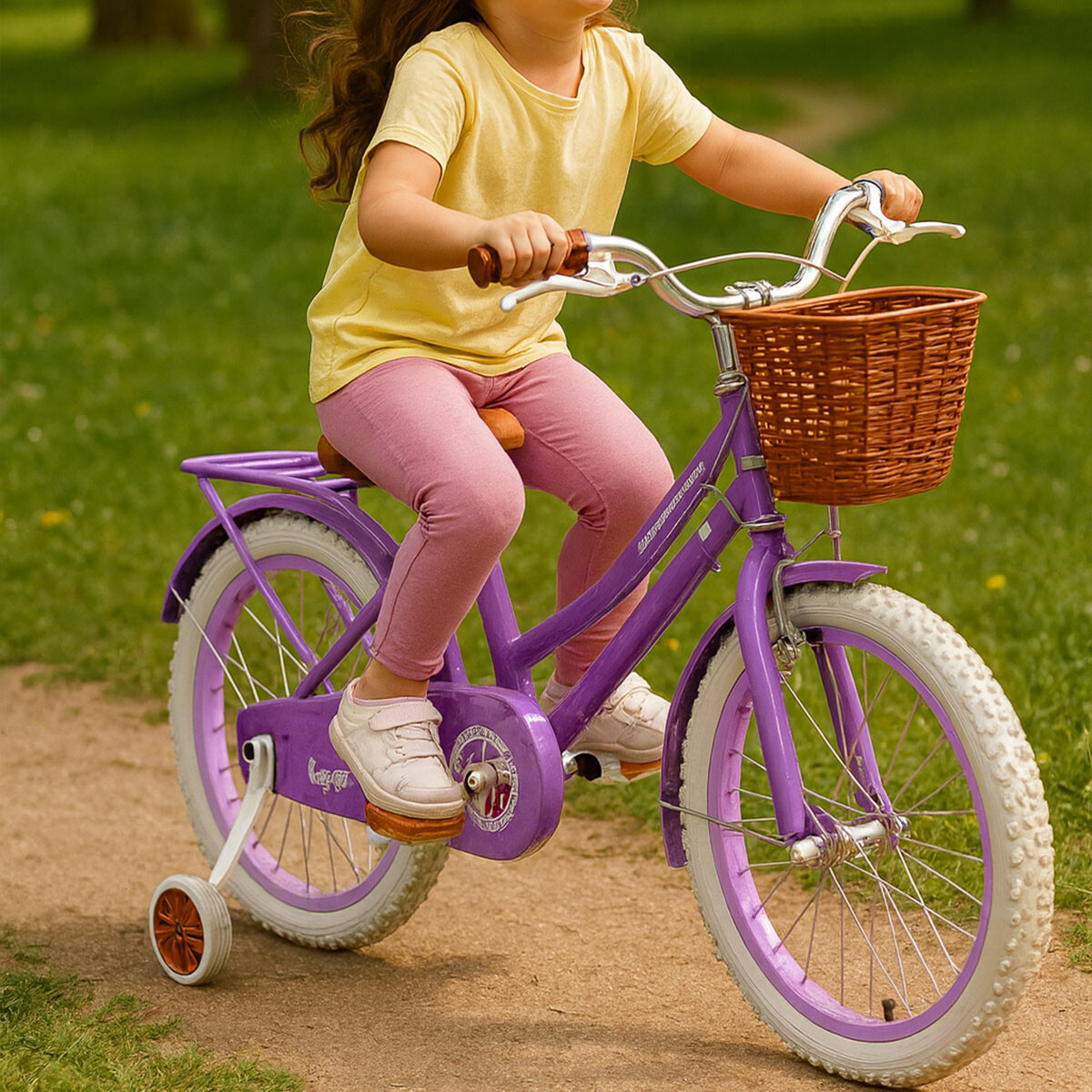 Bicicleta Infantil Rodado 20 Con Rueditas Auxiliares y Canasto - Violeta 