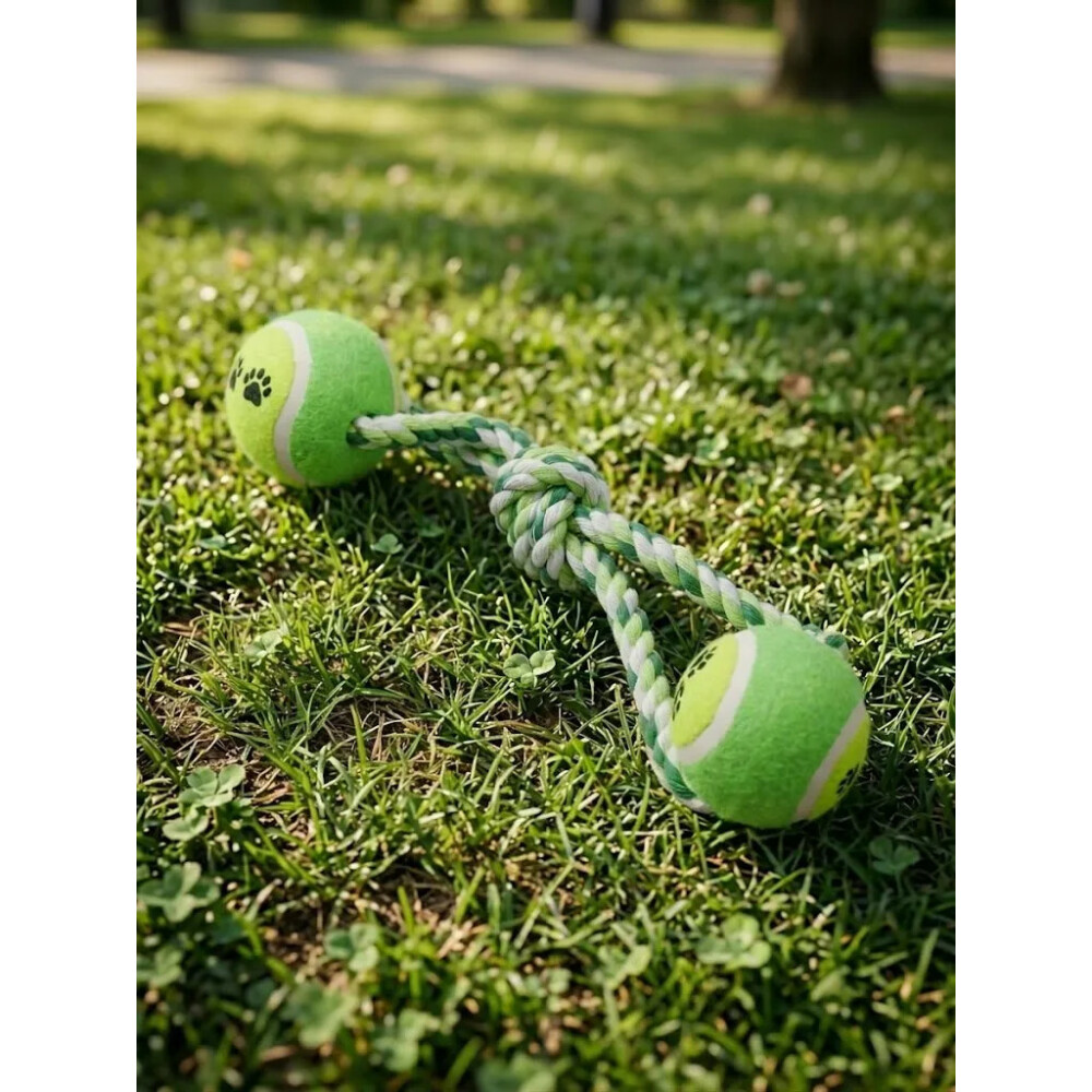 Juguete Para Perro De Cuerda y Dos Pelotas VERDE