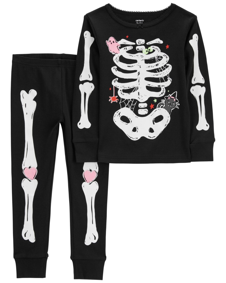 Pijama dos piezas de algodón, diseño esqueleto resplandeciente con fantasma y gato de Halloween. Talles 2-5T 