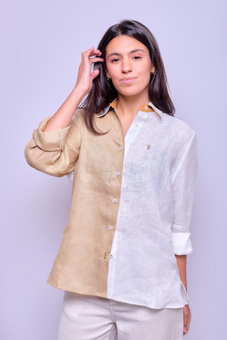 Camisa Suspiro en Lino Combinada Blanco con Camel