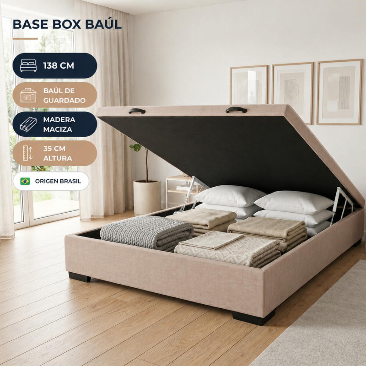 Base para Sommier Colchón Baul 2 Plazas - 138 x 188 x 35 cm - Estructura Madera Maciza - Beige 