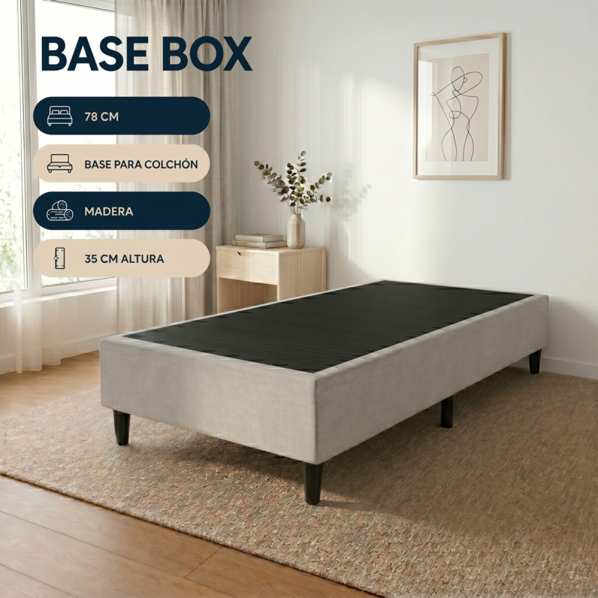 Base BOX Una Plaza 78x188x35 cm – Soporte Firme para Colchón | Gris 