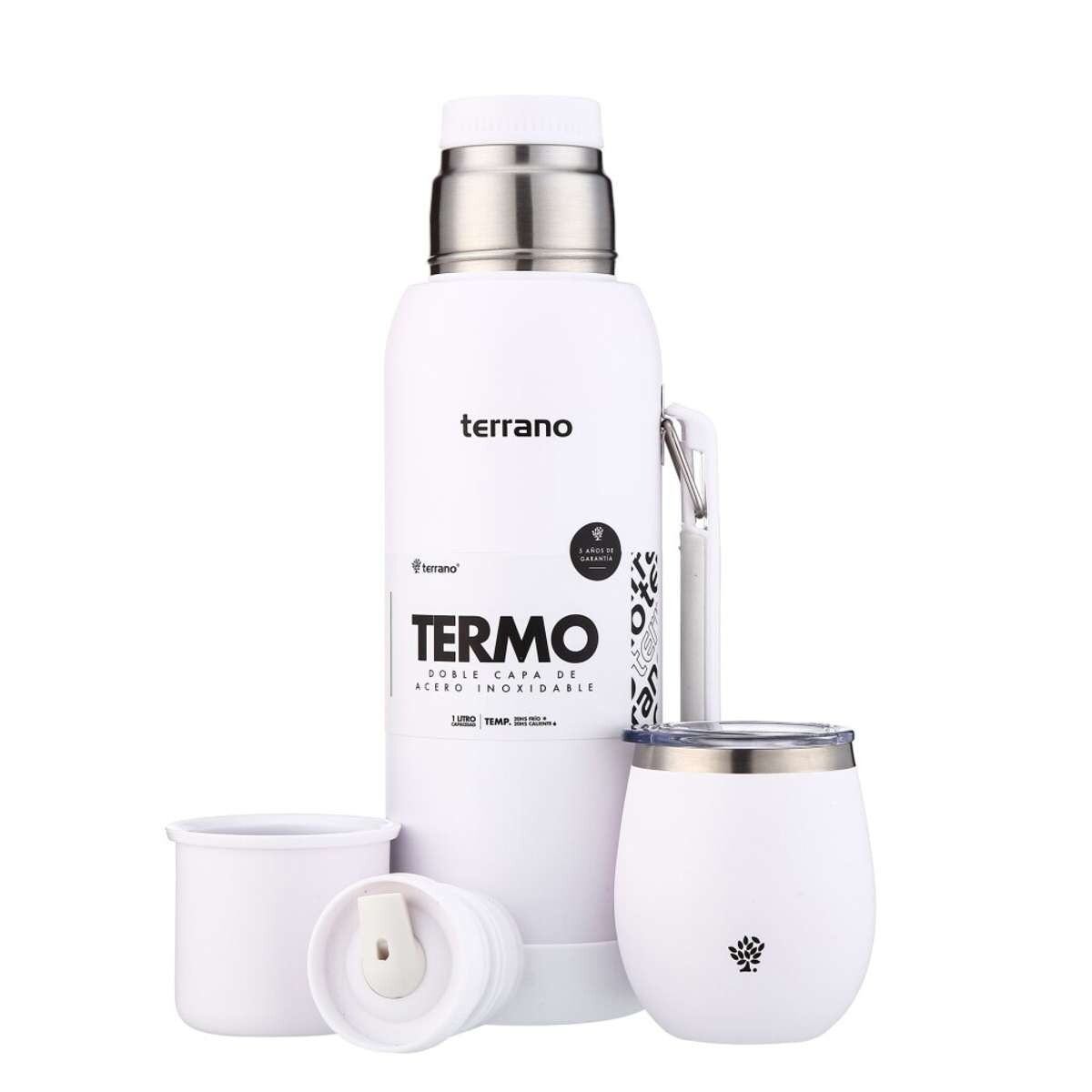 Kit Termo 1Lt Con Base De Silicona + Mate De Acero Con Tapa - Blanco 