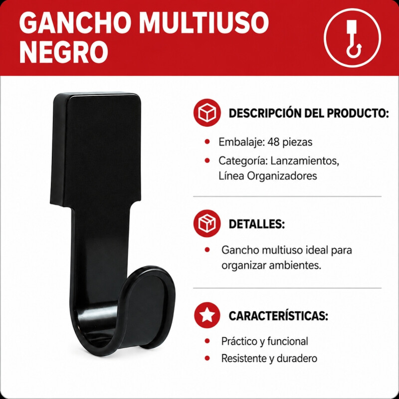 Gancho multiuso con adhesivo NEGRO