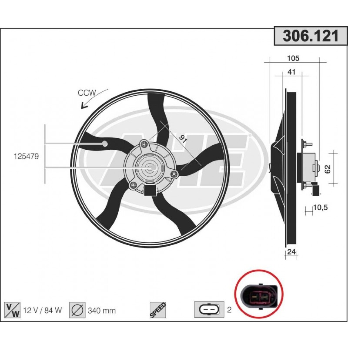 ELECTROVENTILADOR CITROEN - PEUGEOT 206 S/AA 340MM 5 ASPAS ANCHA GIRO IZQ (1253.83) - 