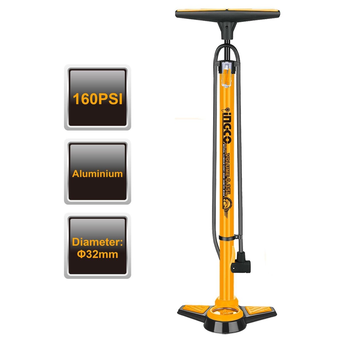 INFLADOR DE MANO PRO ALUMINIO 160 PSI INGCO MPP3201 - NEGRO-NARANJA 
