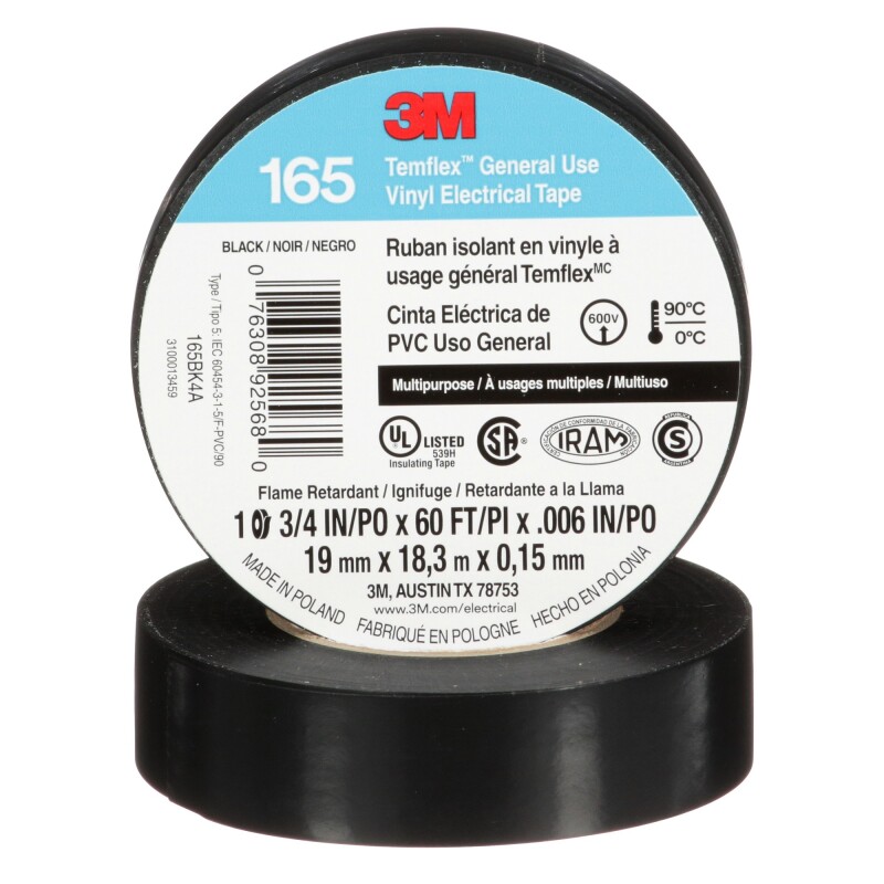 CINTA AISLADORA TEMFLEX 165 19MM X 18M X 0,15MM 90° NEGRO 3M CINTA AISLADORA TEMFLEX 165 19MM X 18M X 0,15MM 90° NEGRO 3M