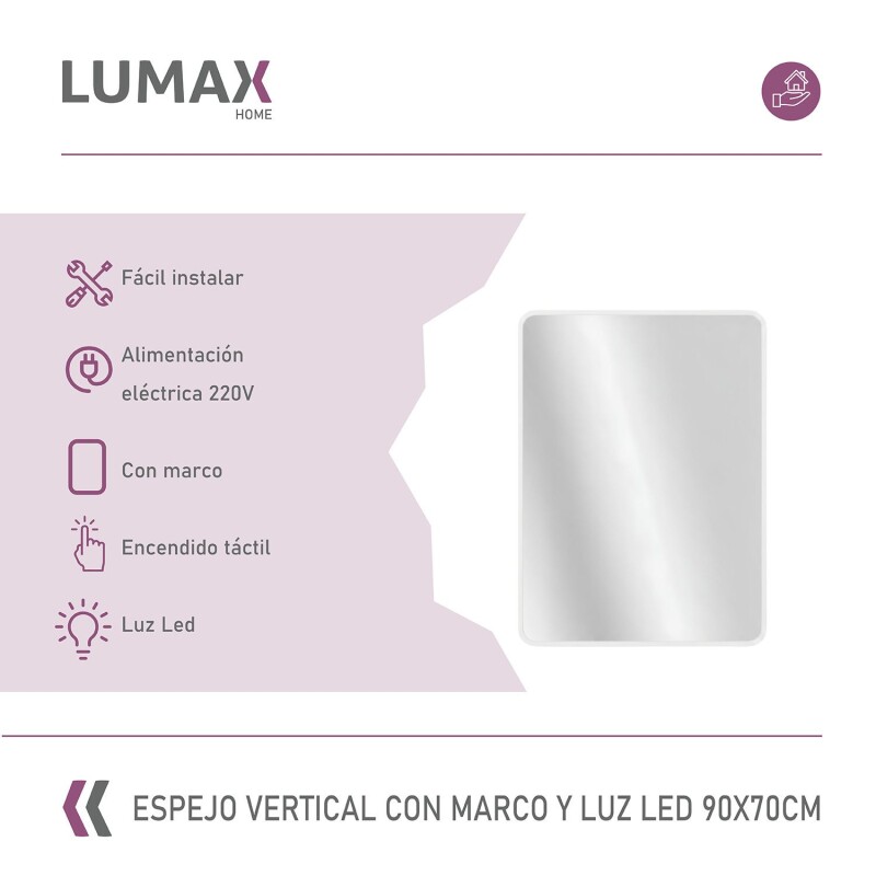 Espejo Vertical Lumax Suleban c/marco y luz 90x70cm Blanco