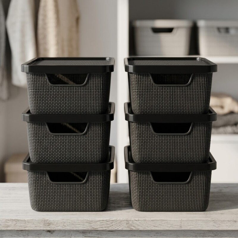 Set x6 Cajas organizadoras con tapa 16 lts NEGRO