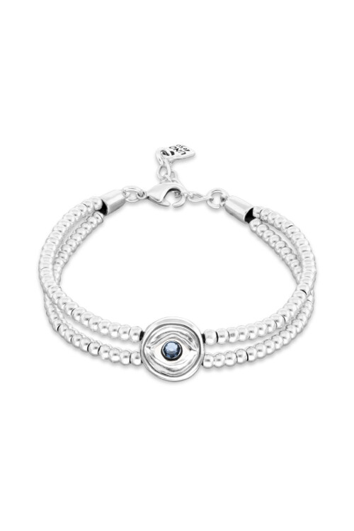 PULSERA DE BOLAS DOBLE DE ALEACIÓN DE METALES BAÑADA EN PLATA CON DETALLE DE OJO Y CRISTAL EN AZUL Pulsera