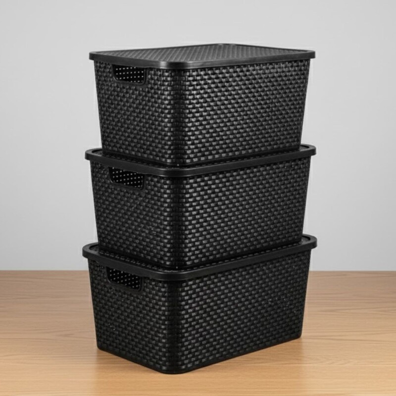Set x3 caja simil ratán 7 lts NEGRO