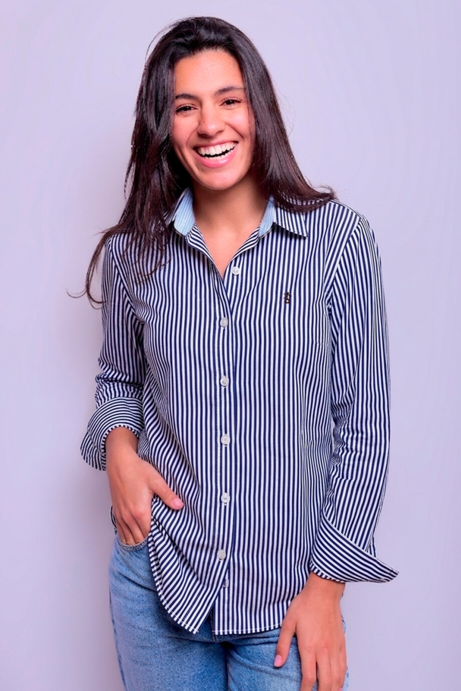 Camisa Dama Clásica Raya Azul