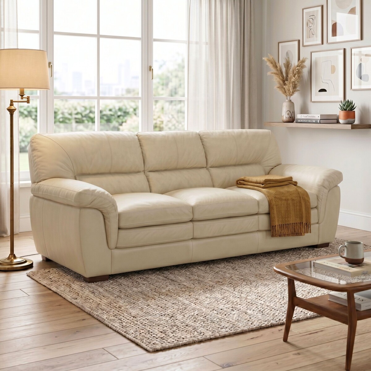 Sillon Livintus 3 Cuerpos Cuero Natural - Hielo 