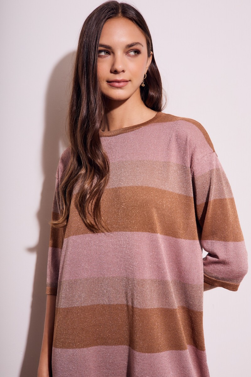 Vestido Tejido Rayado Lurex Rosa