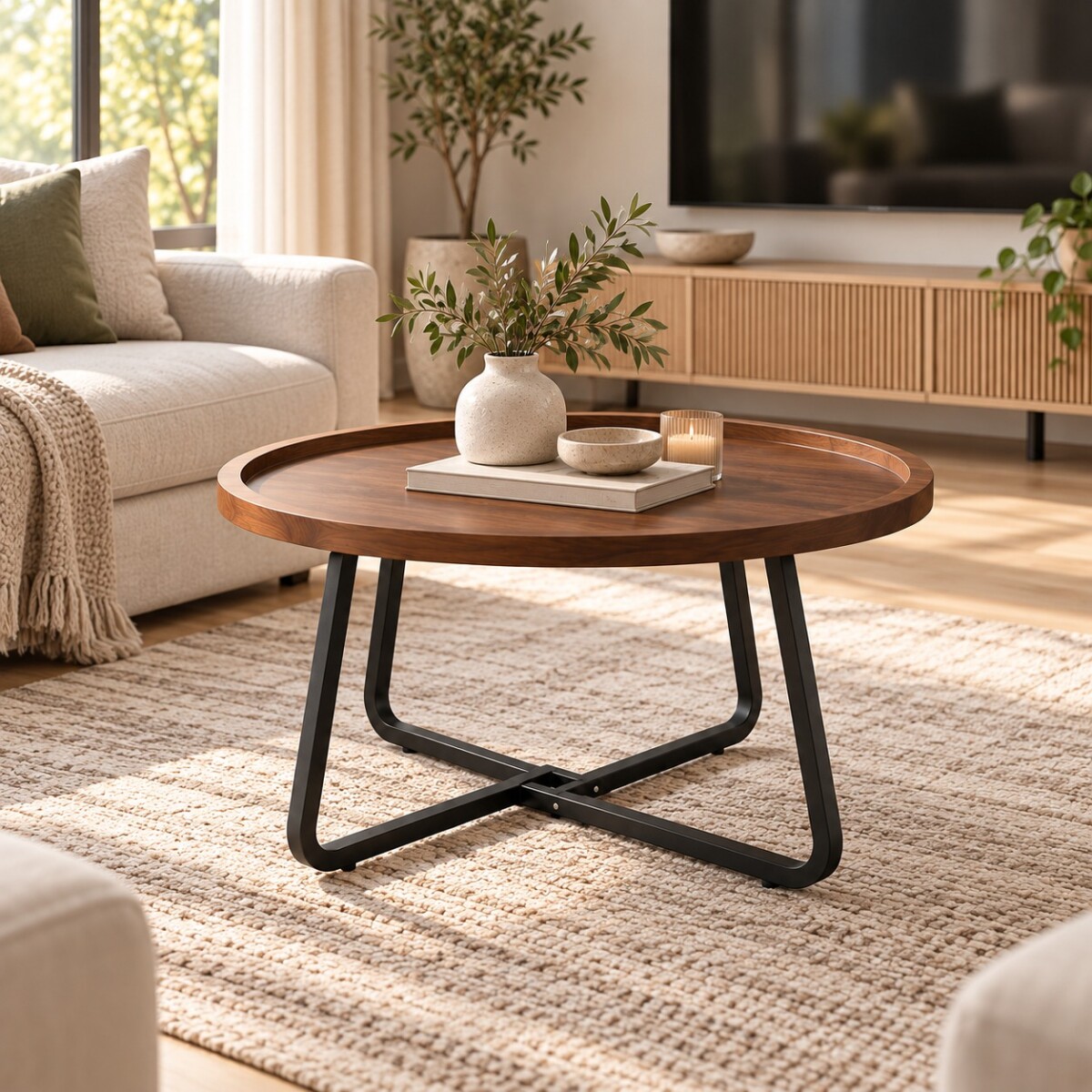Mesa de Centro Redonda Madera Y Metal Grande 