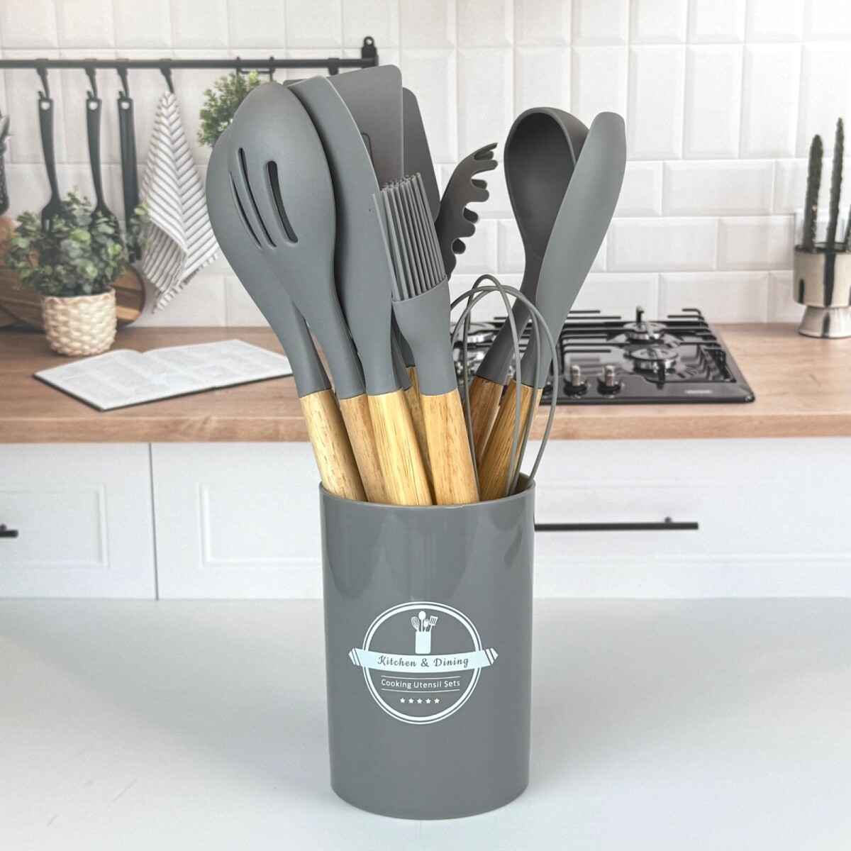 Set de Utensilios de Cocina de Silicona con Mango de Madera – 12 Piezas | GRIS CLARO 