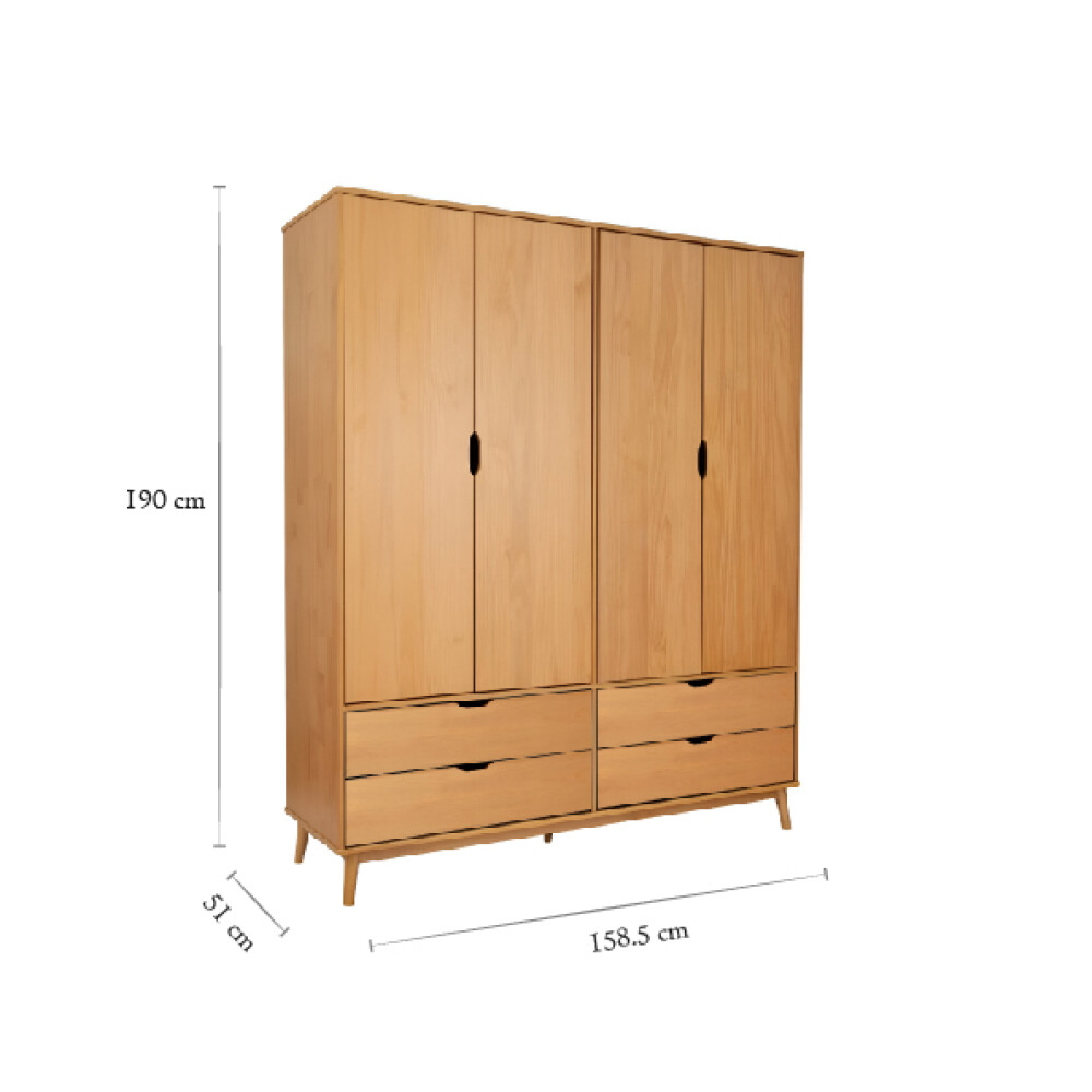 Ropero - 4 Puertas - 4 Cajones - Línea Nórdica Roble