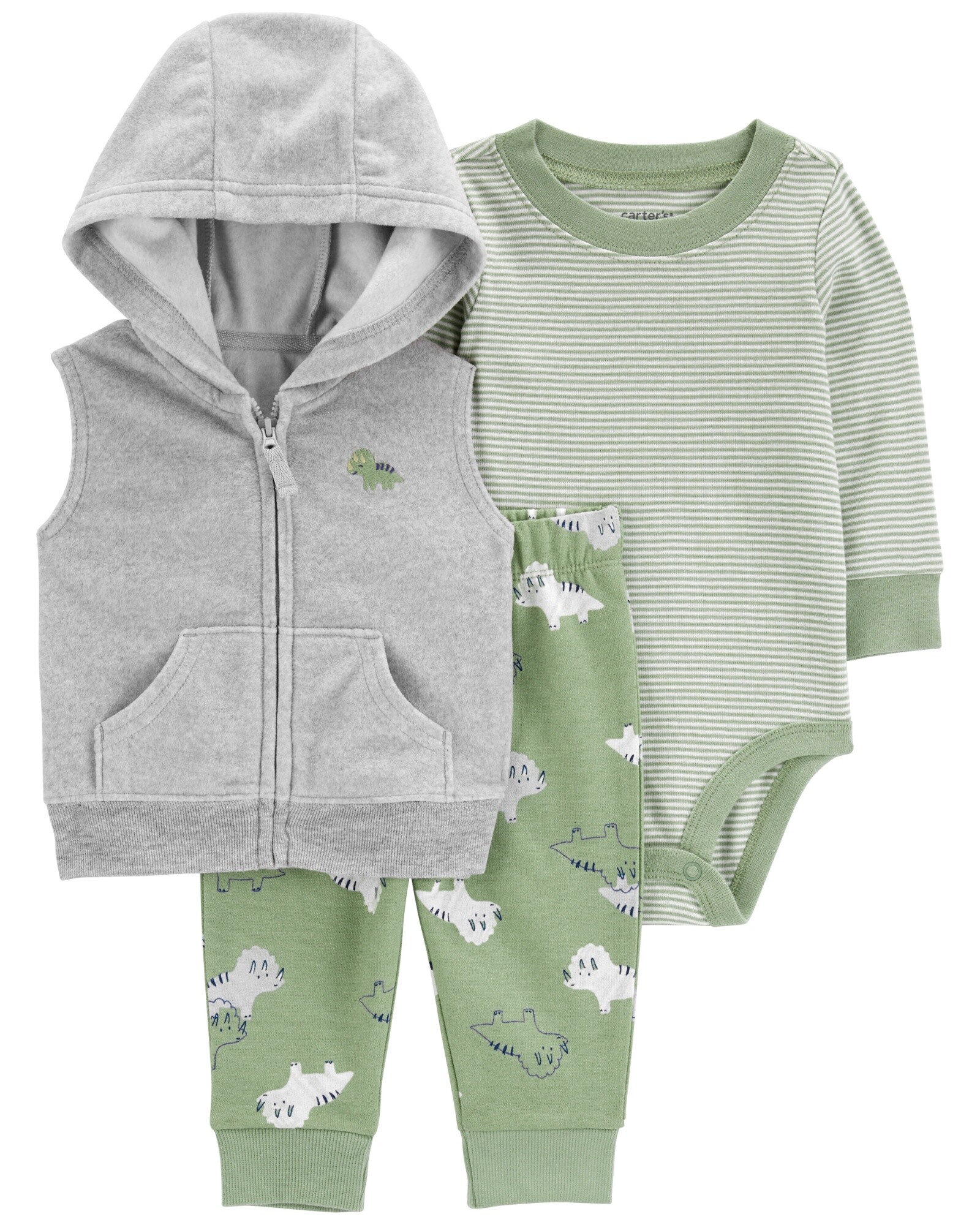 Set tres piezas, chaleco de micropolar, pantalón y body de algodón, diseño dinos Sin color