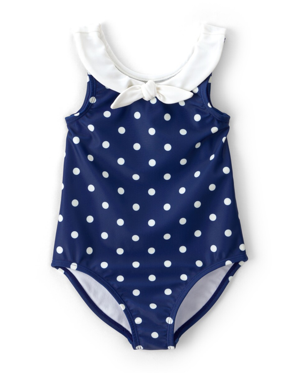 Malla de baño 1 pieza con protección UPF 50+, azul marino, diseño lunares. Talles 2-5T 