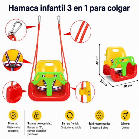 Hamaca Infantil 3en1 Adaptable Bebé Niño Plástico c/Cuerdas Rojo