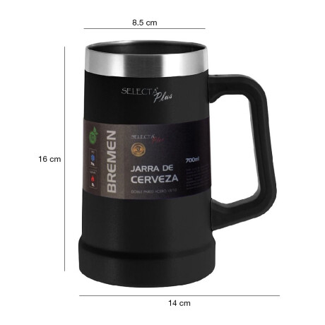 Jarra Térmica de Cerveza c/Asa 700Ml Acero Inox Doble Pared Negro