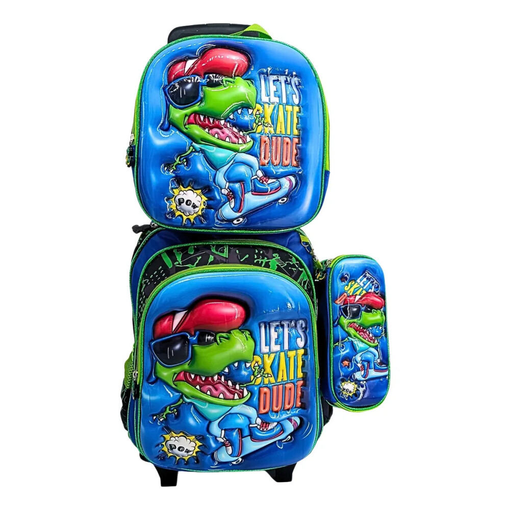 Mochila con carrito, lonchera y cartuchera. Dino Rex