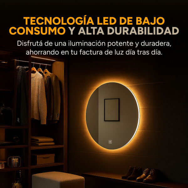 Espejo Redondo Baño Táctil 3 Modos Luz Retroiluminado 60 Cm Diseño Circular