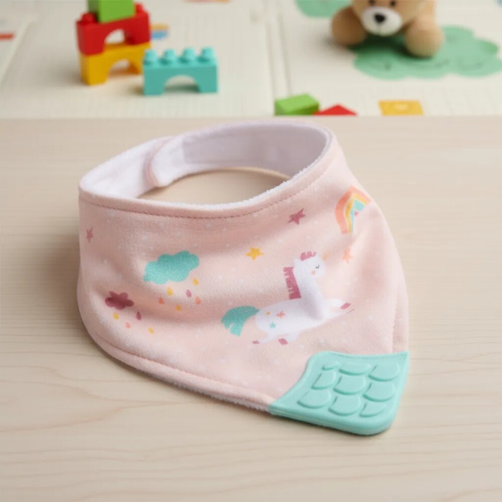 Babero bandana con mordillo BUBA unicornio pastel