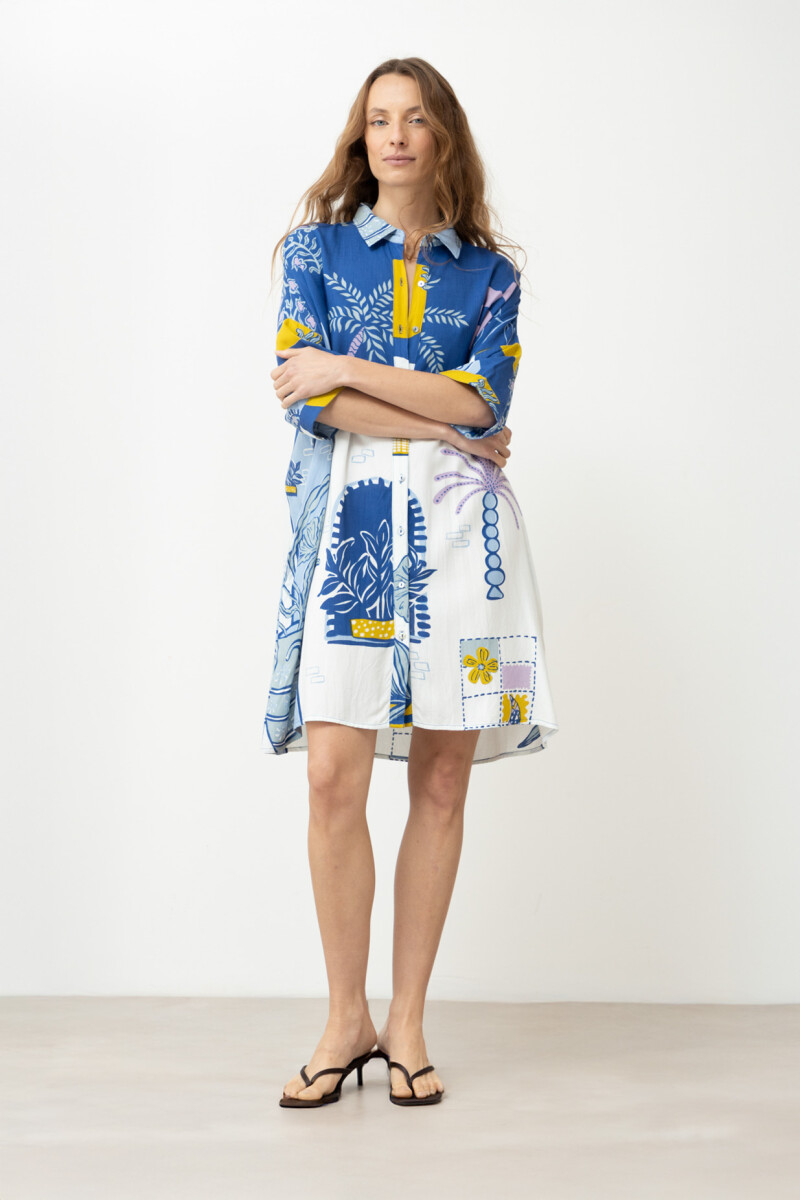 Vestido camisero con estampa paisaje Punta Ballena azul regata