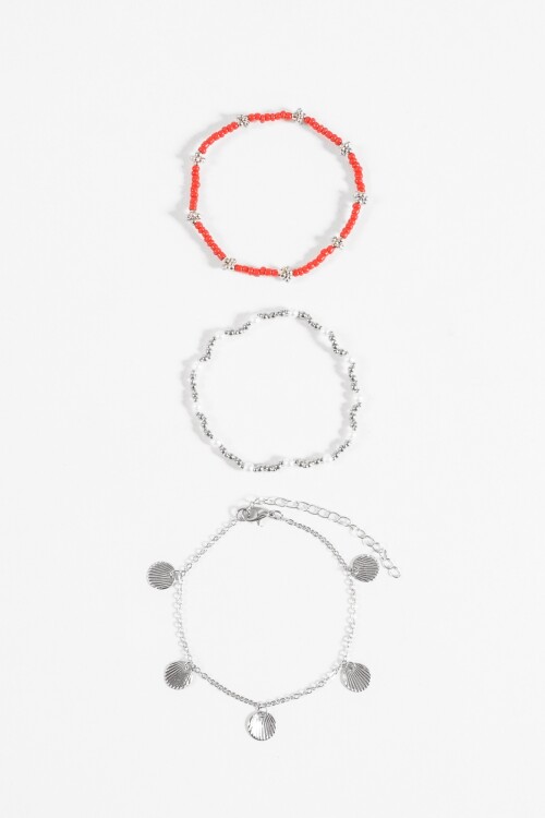 Tobillera triple con mostacillas rojo