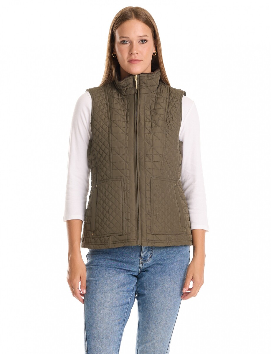 Chaleco Capitoneado Con Forro En Símil Piel - Oliva 