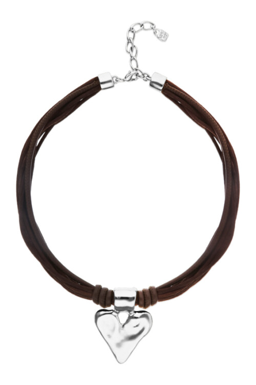 COLLAR MEZCLA DE HILO DE SEDA CON CUERO MARRÓN OSCURO Y DETALLE DE CORAZON BAÑADO EN PLATA DE LEY Colgante