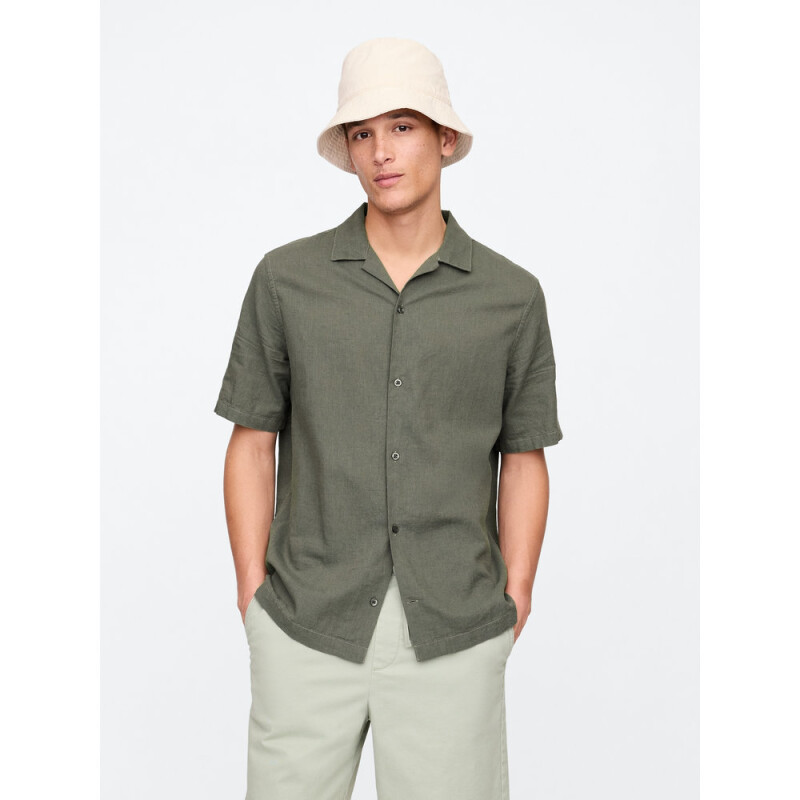 V-SS STANDARD LINEN COTTON RESORT COLLAR MESCULEN GREEN