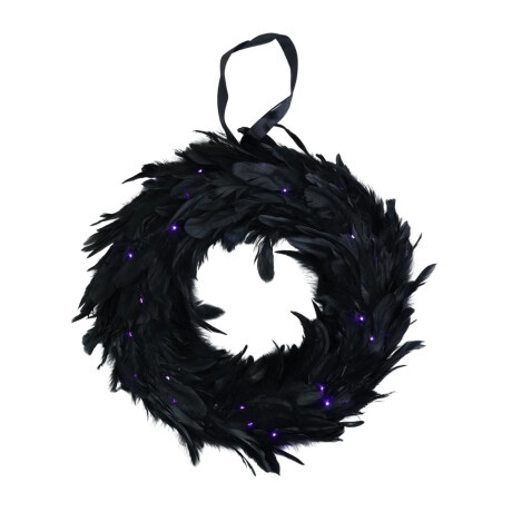 Corona Halloween con plumas y luces a pila Corona Halloween con plumas y luces a pila