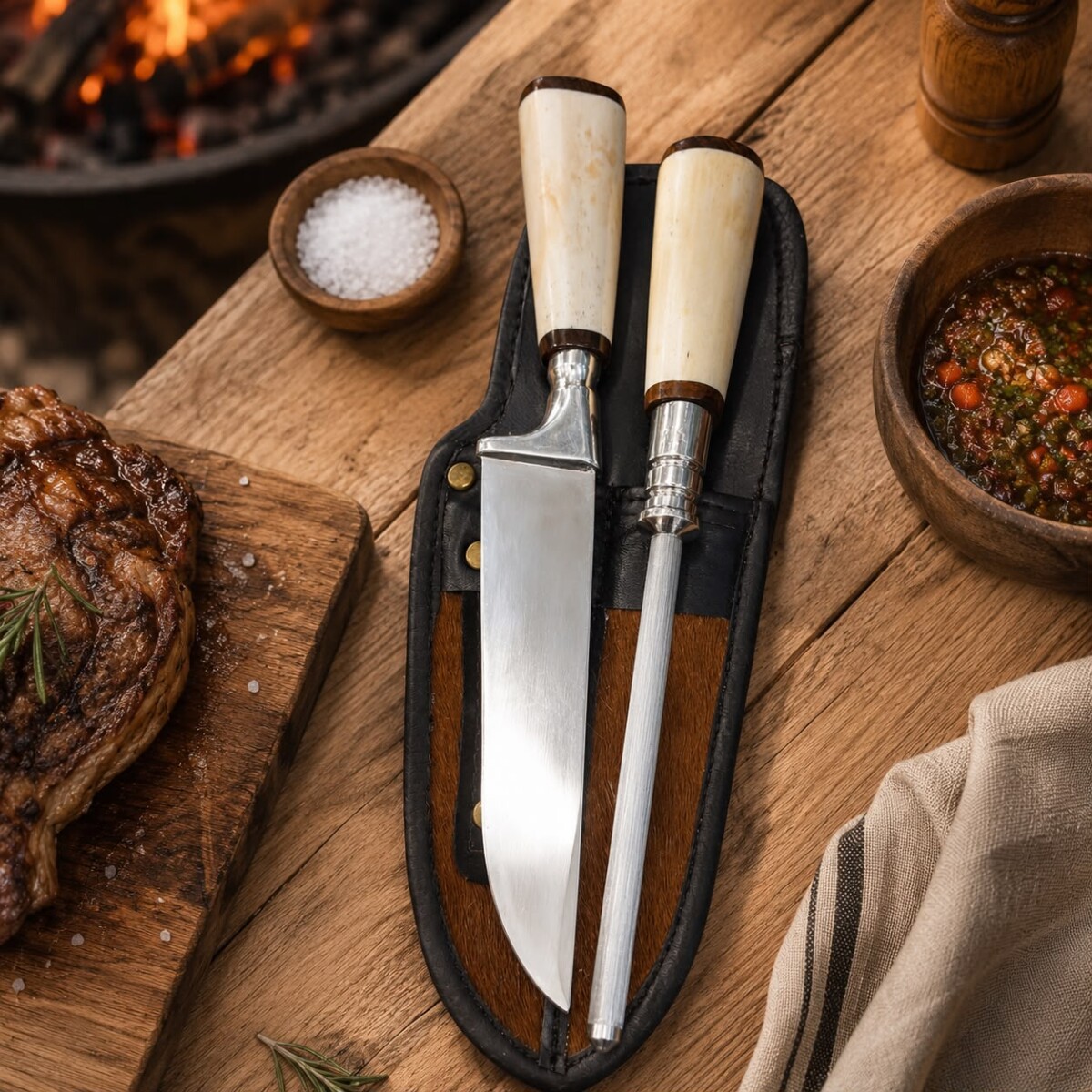 Set de Asado Artesanal - Cuchillo y Chaira Parrillero con Estuche de Cuero Hueso o Guampa N°6 