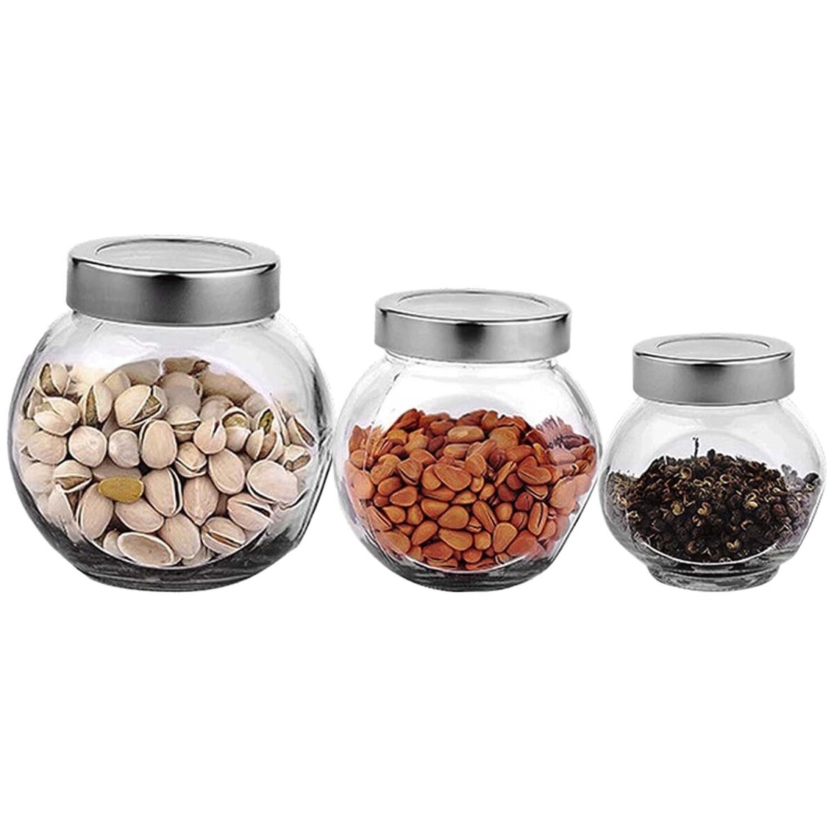 Set X3 Frascos Recipientes Redondos en Vidrio y Tapa Metal - Transparente 