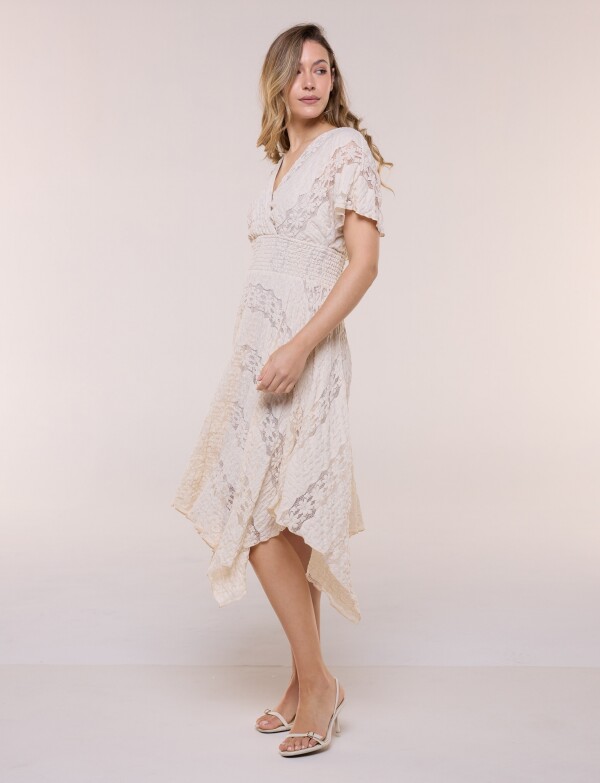 Vestido De Encaje Con Frunces BEIGE CLARO