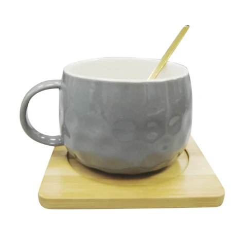 Taza Cerámica con Cuchara y Posavaso 200 ml GRIS