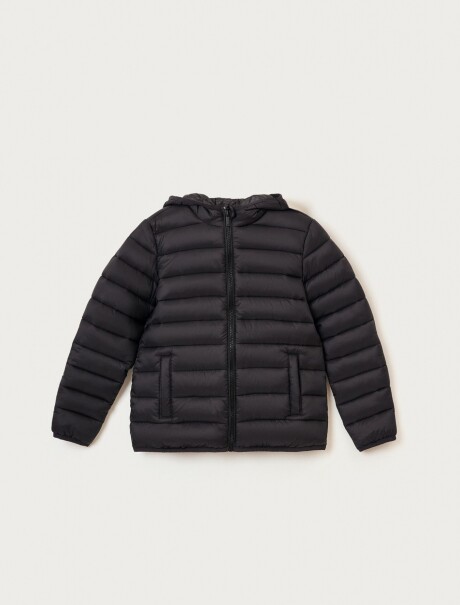 CAMPERA UNISSEX PUFFER CON CAPUCHA Y BOLSILLOS NEGRO